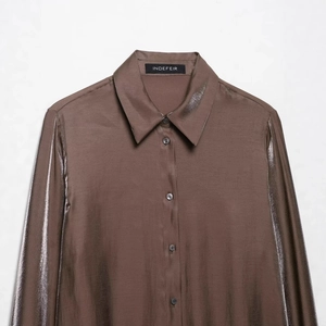 Deep coffee satin long sleeve shirt featuring a classic collar and elegant silky drape