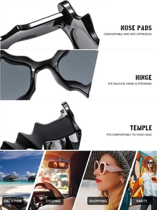 Detail view of irregular wavy frame sunglasses with functional hinges and nose pads