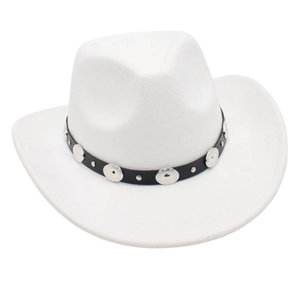 Detail of white wool felt cowboy hat featuring a black leather belt with silver studs
