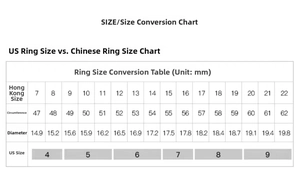 Detailed jewelry size chart showing US and China ring size conversions in millimeters