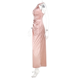 Detail view of pink satin halter neck maxi dress with side ruching on a mannequin