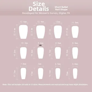 Size guide for short ballet press-on nails with measurements for 12 different sizes