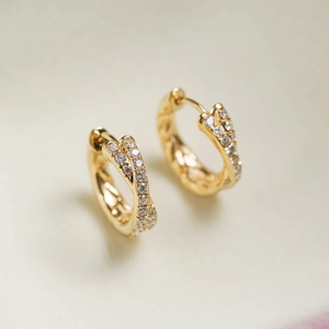 Polished S925 sterling silver 18K gold plated double row twist hoop earrings with stones
