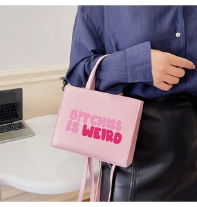Pink rectangular handbag with gradient artistic lettering print and dual top handles