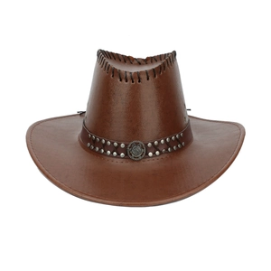 Brown vintage faux leather cowboy hat with metal rivets and wide brim for outdoors