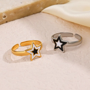 Anello Aperto Stella Acciaio Inossidabile Placcato Oro 18K Smalto Nero Bianco Retro Francese Gioielli Regolabili Donna