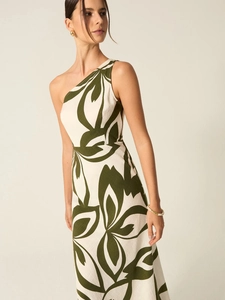 Elegant one-shoulder knit maxi dress with green floral print on beige fabric