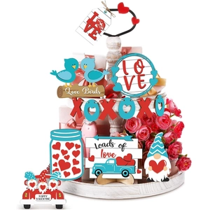 Detail of Valentine Tiered Tray Decor featuring Love Birds sign and wooden truck ornaments