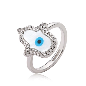Adjustable silver Hamsa Hand ring with blue Evil Eye and sparkling zircon stones