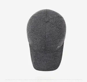 Top view of men's dark grey heathered knit baseball cap with ear protection detail