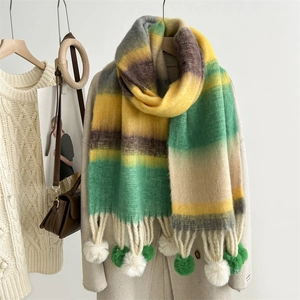 Rainbow striped mohair knit scarf with pompom tassels for women's autumn winter warmth