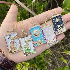 Vintage Tarot Card Pendant Necklace Copper Zircon Enamel Rectangular Individual Retro Jewelry For Women 18K Gold Plated