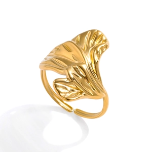 Elegant gold leaf petal open ring in stainless steel with a minimalist floral design