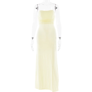 Detail of light yellow strapless maxi dress with soft fabric on a mannequin