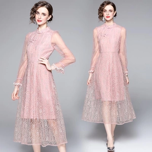 Robe Midi En Dentelle Brodée Rose Col Montant Bouton Grenouille Style Cheongsam Élégante Vintage À Manches Longues Ligne A