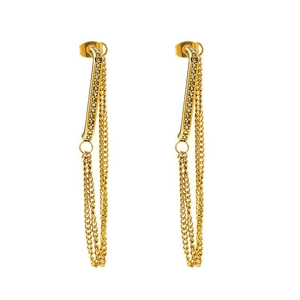 Vintage style gold tassel earrings with rhinestone U-bars and dangling chains