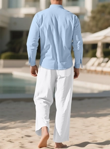 Men's sky blue linen shirt and white trousers set for leisure beach vacations