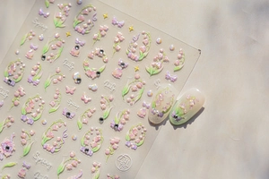 5D embossed nail stickers featuring pink lily of the valley and bowknot designs