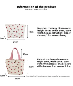 Détail du sac en velours côtelé montrant la doublure en toile et les dimensions exactes