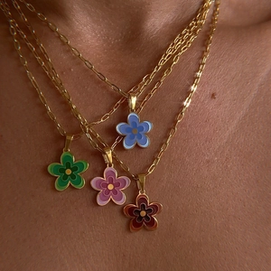Flower Pendant Necklace 18K Gold Plated Titanium Steel Enamel Colorful Floral Paperclip Chain Jewelry For Women