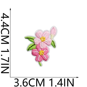 Pink floral embroidery patch with dimensions 4.4cm by 3.6cm on white background