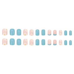 Faux ongles français bleu clair et rose avec motifs marguerites mignons 24 pièces
