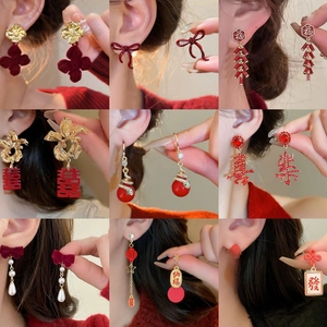 Retro New Year Red Flocking Flower Bow Earrings Alloy Rhinestone Faux Artificial Pearl With 925 Sterling Silver Earring Post Women