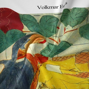 Macro shot of artistic floral print on bohemian fabric with soft texture and vibrant colors