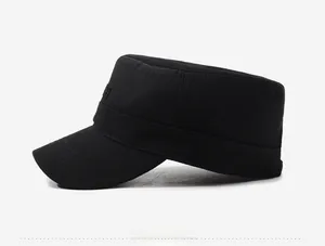 Side view of black cotton flat top army cap with sport letter embroidery and curved brim