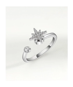 Macro shot of silver rotating ring with zircon hexagon star and round main stone detail