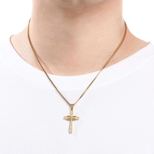 Golden stainless steel cross necklace with infinity symbol on a male model neck