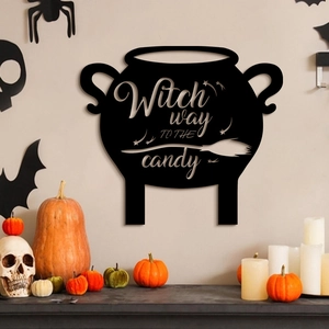 Decorazione Da Parete Halloween Calderone Di Strega In Legno Silhouette Segnale Appeso Witch Way To The Candy Nero Casa Stregata