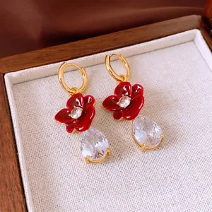 Vintage Flower Hoop Drop Earrings Copper 18K Gold Plated Red Enamel Teardrop Zircon Elegant Jewelry For Women