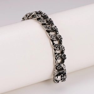 Vintage stainless steel men's double row skull bracelet with antique silver finish