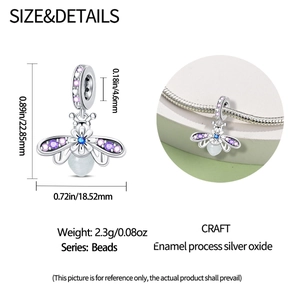 Detailed size chart of a silver firefly charm with purple enamel and dimensions