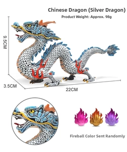 Detail of silver Chinese dragon model with dimensions and colorful fireball accessories