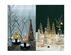 Macro detail of various glass Christmas trees and a star-shaped glowing LED metal frame