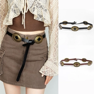 Vintage Wasteland Style Faux Leather Belt For Women Western Concho Decorative Oval Metal Plate Engraved Belt Punk Grunge Streetwear Accessories