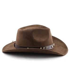 Detail of brown cowboy hat featuring faux suede texture and studded leather band