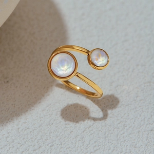 Adjustable 18K gold-plated titanium steel ring with two round opal stones for women