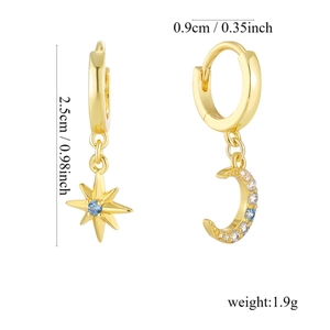 Asymmetric gold star and moon earrings with blue and white zircons, 2.5cm height