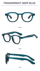 Detailansichten der transparenten tiefblauen runden Sonnenbrille aus mehreren Winkeln