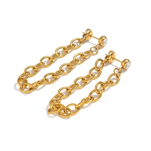 Golden geometric tassel chain earrings with round sparkling crystal studs for women