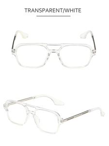 Detail of transparent square pilot sunglasses featuring a double bridge and metal joints