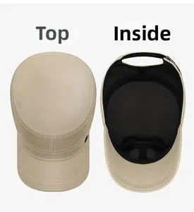 Detail view of khaki military flat top cap showing durable stitching and mesh lining