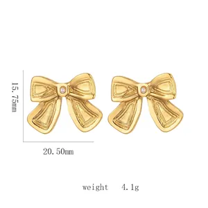 18k gold plated stainless steel bow earrings with pearl accent for women, 20.5mm width