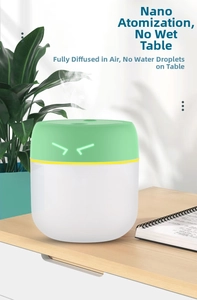 Detailed view of mint green USB humidifier with nano-mist spray on wooden office desk