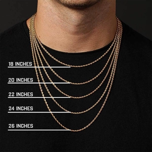 Macro detail of 18K gold plated rope chain showing length options on a male model