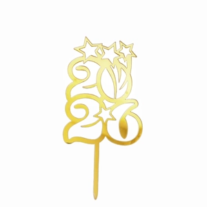Mirror gold acrylic 2026 cake topper with star design for New Year party decoration