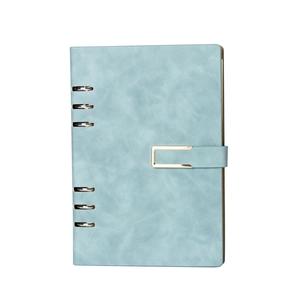 A5 light blue PU leather binder notebook with 6-ring metal binder and gold buckle